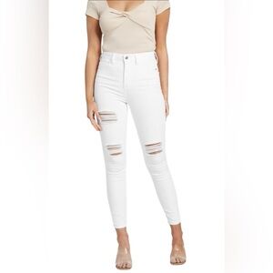 Guess Women's High Rise Tapered Slim Distressed White Jeans with raw hem Size 32